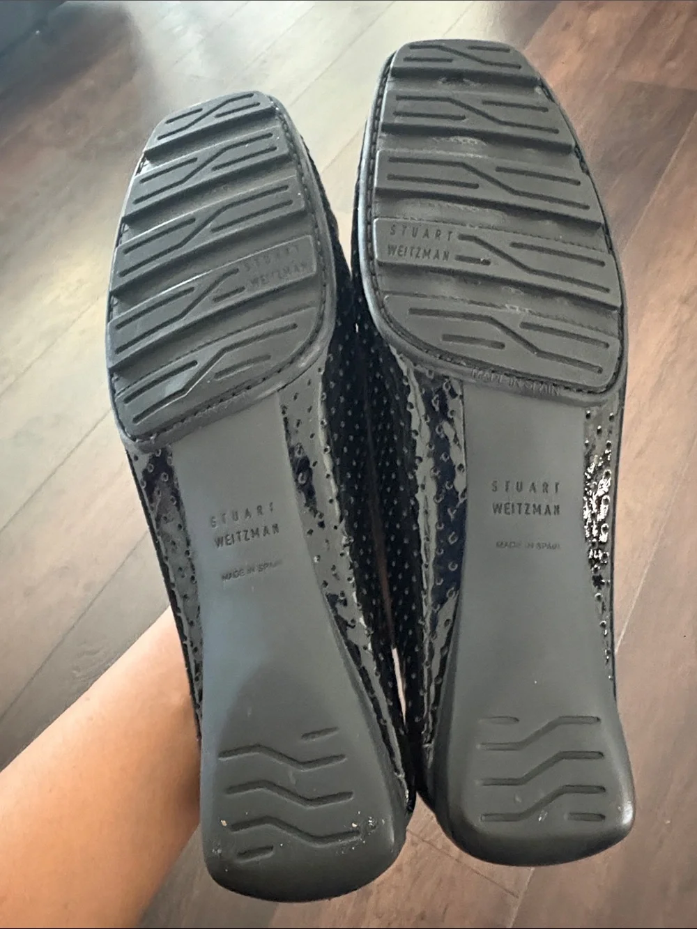 Stuart Weitzman Black Patent Perforated Bit Loafers
